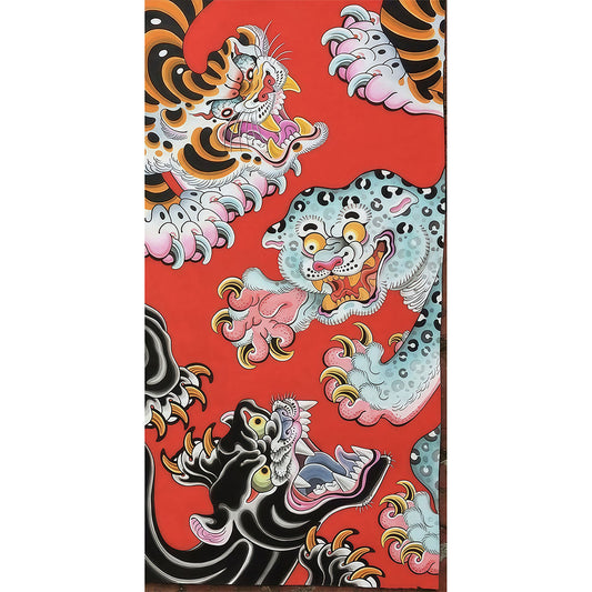 Traditional Japanese Tattoo-Style Wild Cats Red Backdrop Blanket