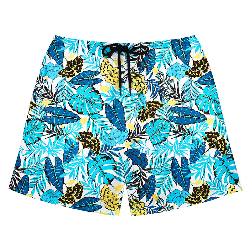 White Swim Shorts with Blue & Yellow Tropical Floral Print