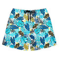 White Swim Shorts with Blue & Yellow Tropical Floral Print