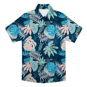 Custom Photo Hawaiian Shirt – Personalized Blue Hibiscus & Monstera Leaf Button-Down – Unique DIY Tropical Island Vibe Shirt