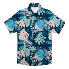 Custom Photo Hawaiian Shirt – Personalized Blue Hibiscus & Monstera Leaf Button-Down – Unique DIY Tropical Island Vibe Shirt