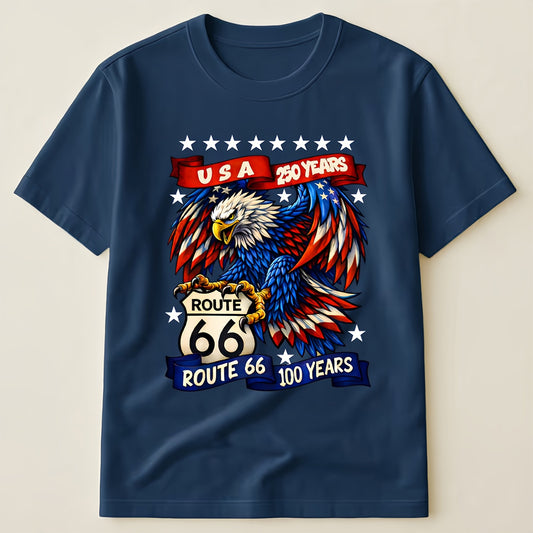Route 66 100th & USA 250th Anniversary Eagle T-Shirt, Vintage American Highway Flag Tee