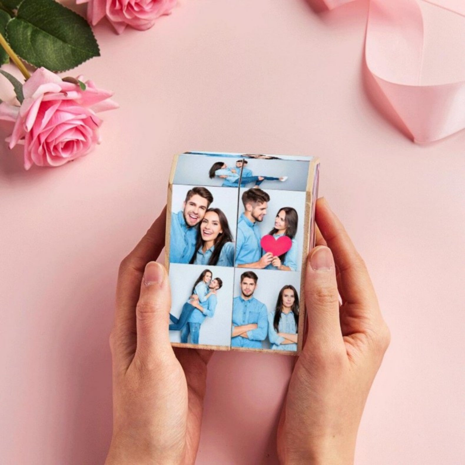 Customized wooden heart-shaped photo cube, personalized photo album with ten photos