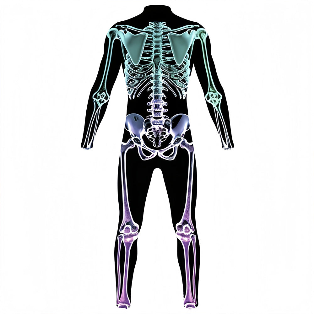 Glow-in-the-dark skeleton bodysuit, Halloween UV fluorescent skeleton cosplay outfit, stretchy long-sleeve leotard, electronic music party costume