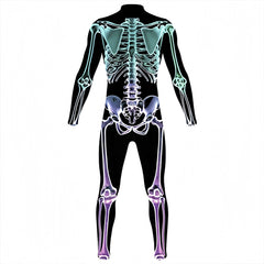 Glow-in-the-dark skeleton bodysuit, Halloween UV fluorescent skeleton cosplay outfit, stretchy long-sleeve leotard, electronic music party costume