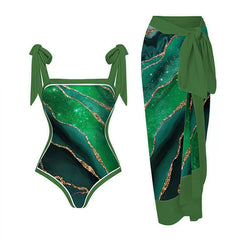 Gold Line Agate Pattern One-Piece Bathing Suit with Cover-Up