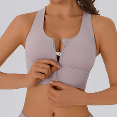 Front Zipper High Support Sports Bra - Racerback Longline Workout Crop Top