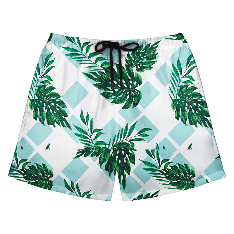 White & Aqua Diamond Pattern Monstera Leaf Board Shorts