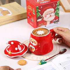 Santa Claus mug gift set - Includes a Christmas hat lid and tree-shaped spoon, with a gift box with a bag (3-piece set)