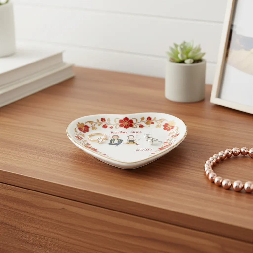 Custom  Photo Ceramic Trinket Tray with Elegant Red Floral Vine Border-Together since