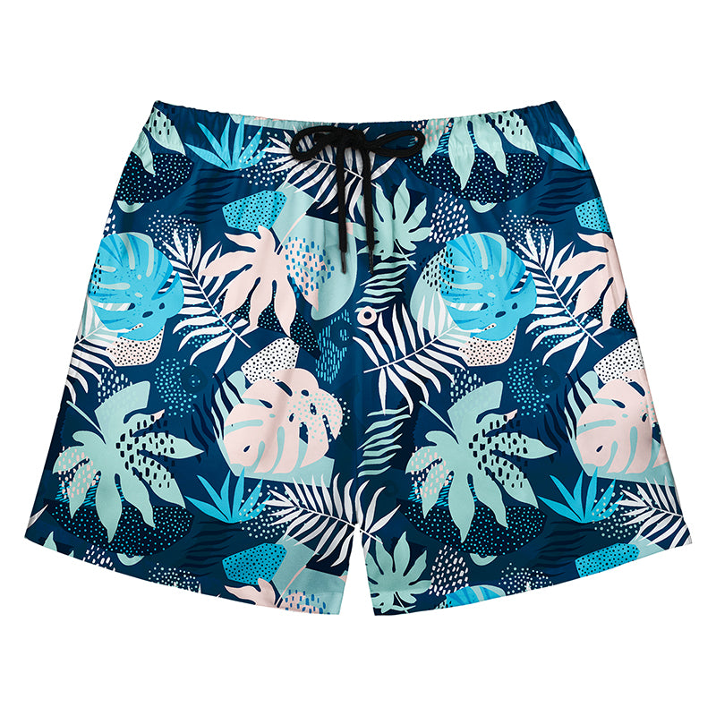 Navy Blue Men's Swim Trunks with Pastel Tropical Leaf Print