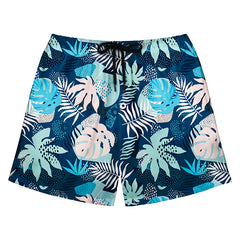 Navy Blue Men's Swim Trunks with Pastel Tropical Leaf Print