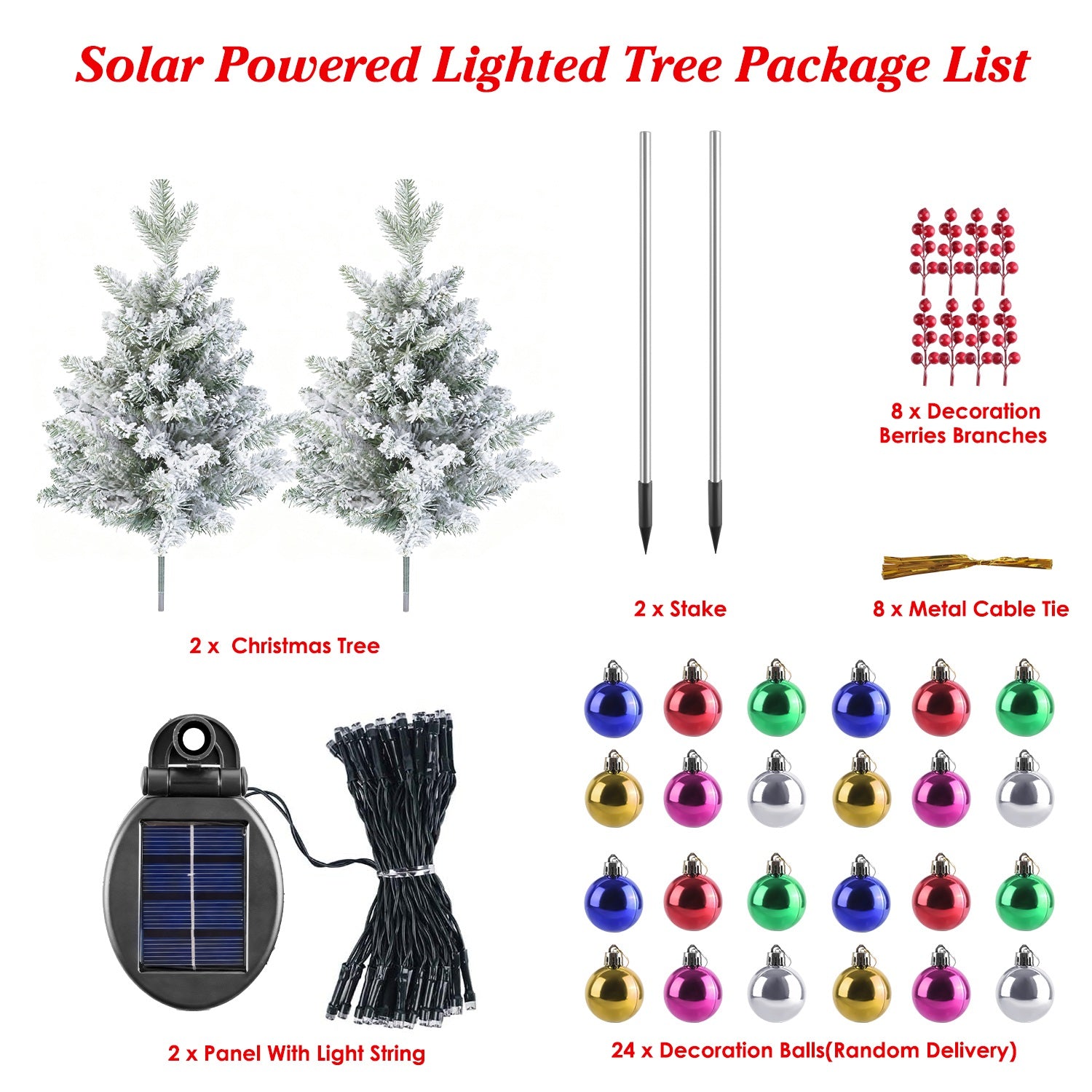 2Pcs Solar Powered Lighted Christmas Tree Urn Filler With Light Artificial Xmas Trees Light with Berries Decor Balls LED Pathway Pine Tree IP44 Waterp