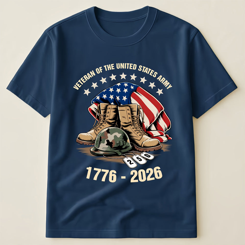 United States Army Veteran 250th Anniversary T-Shirt, Patriotic Boots & Helmet Memorial Tee
