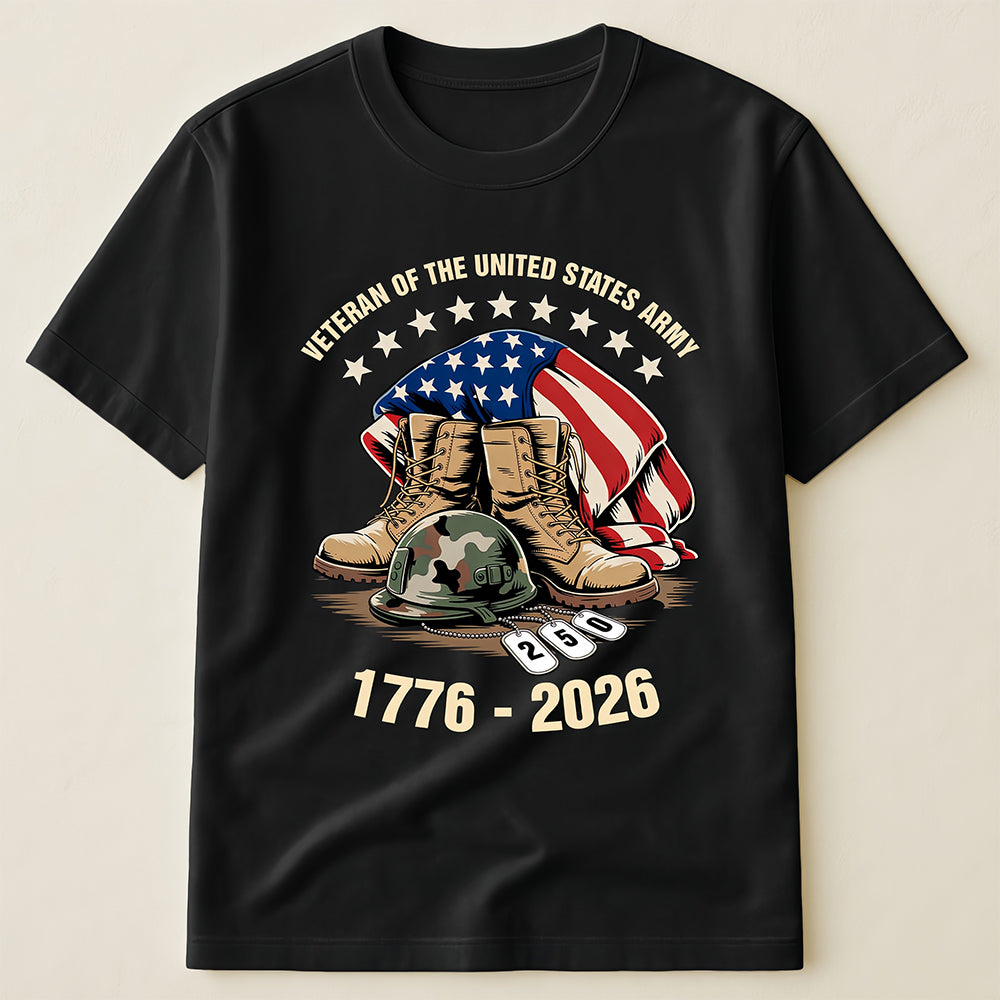United States Army Veteran 250th Anniversary T-Shirt, Patriotic Boots & Helmet Memorial Tee