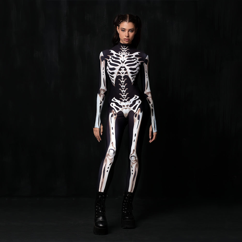 Glow-in-the-dark skeleton bodysuit, Halloween UV fluorescent skeleton cosplay outfit, stretchy long-sleeve leotard, electronic music party costume