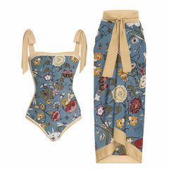 Retro Blue Floral Print Bow Strap Swimsuit with Wrap Skirt