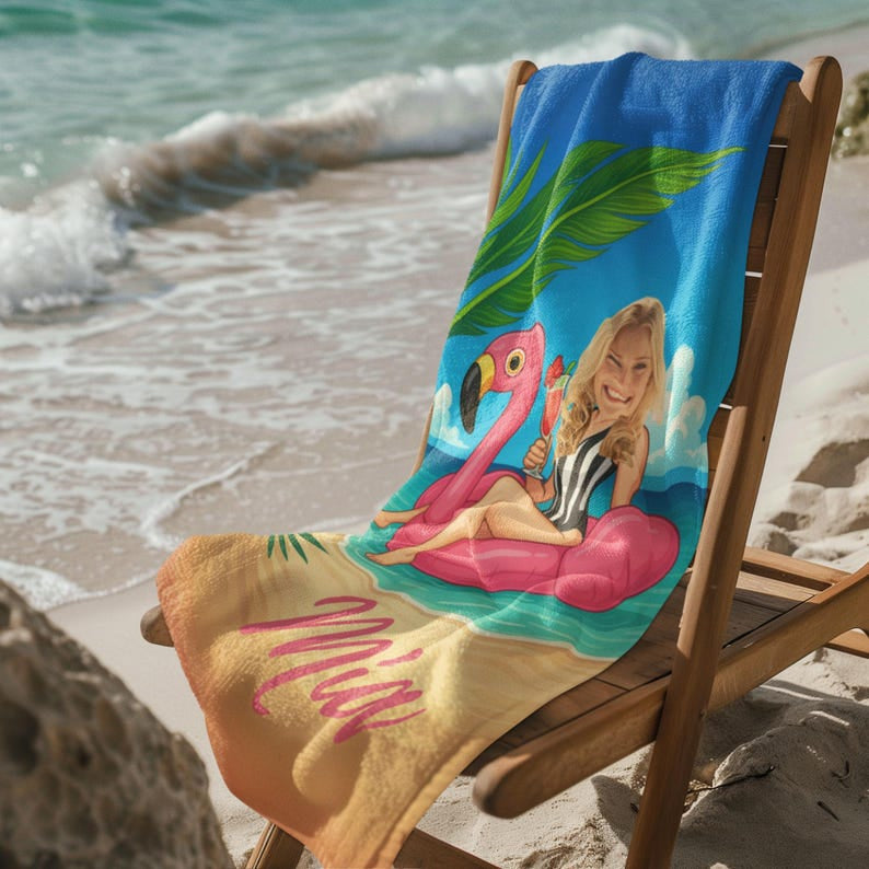 Custom Face Flamingo Beach Towel, Personalized Bachelorette Gift,