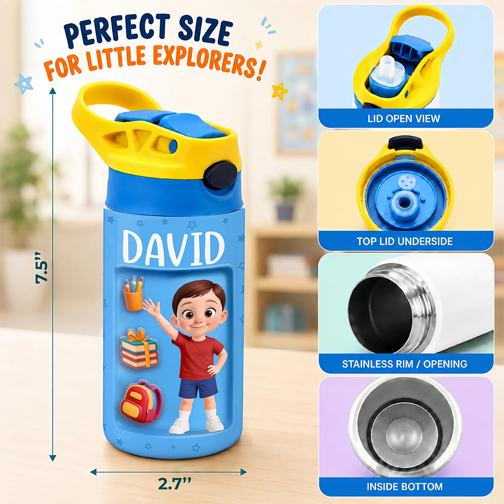 Customized student insulated water bottle 20 oz - An individualized school gift for children - School bag, textbooks, pencils printed on it