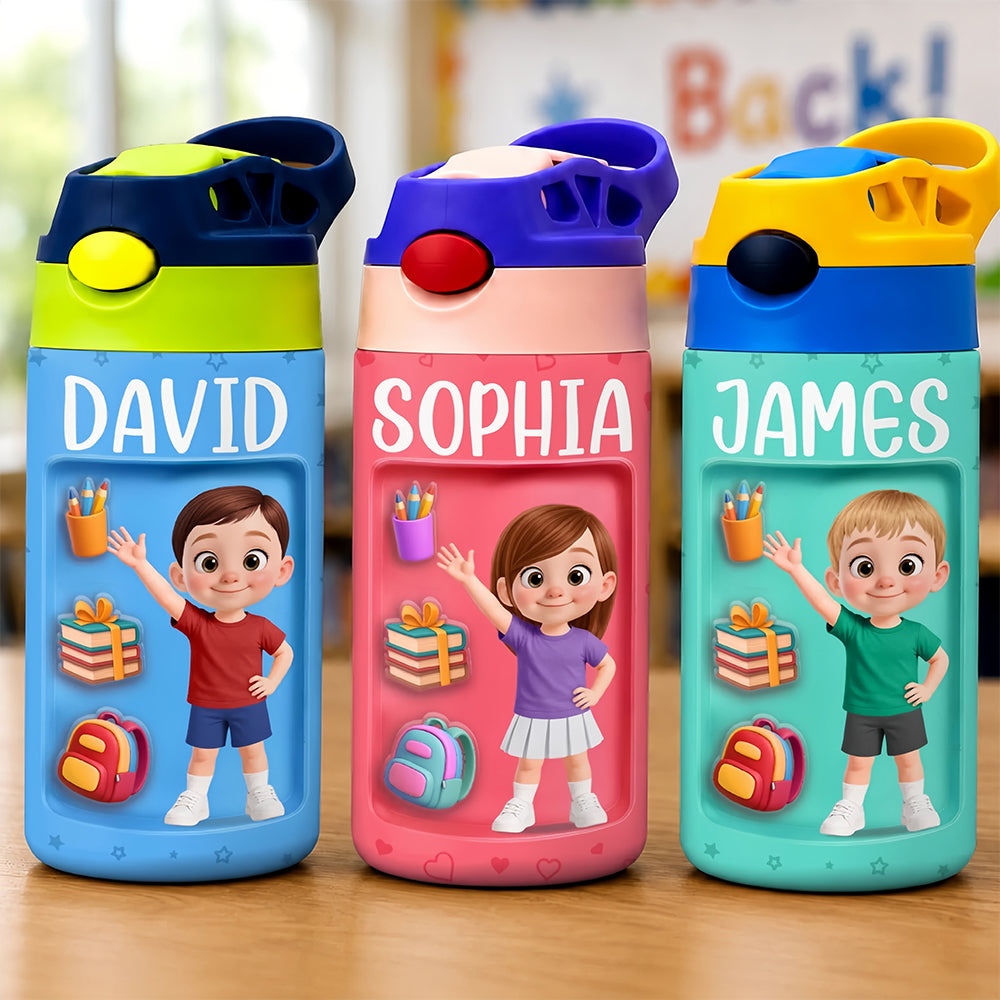 Customized student insulated water bottle 20 oz - An individualized school gift for children - School bag, textbooks, pencils printed on it