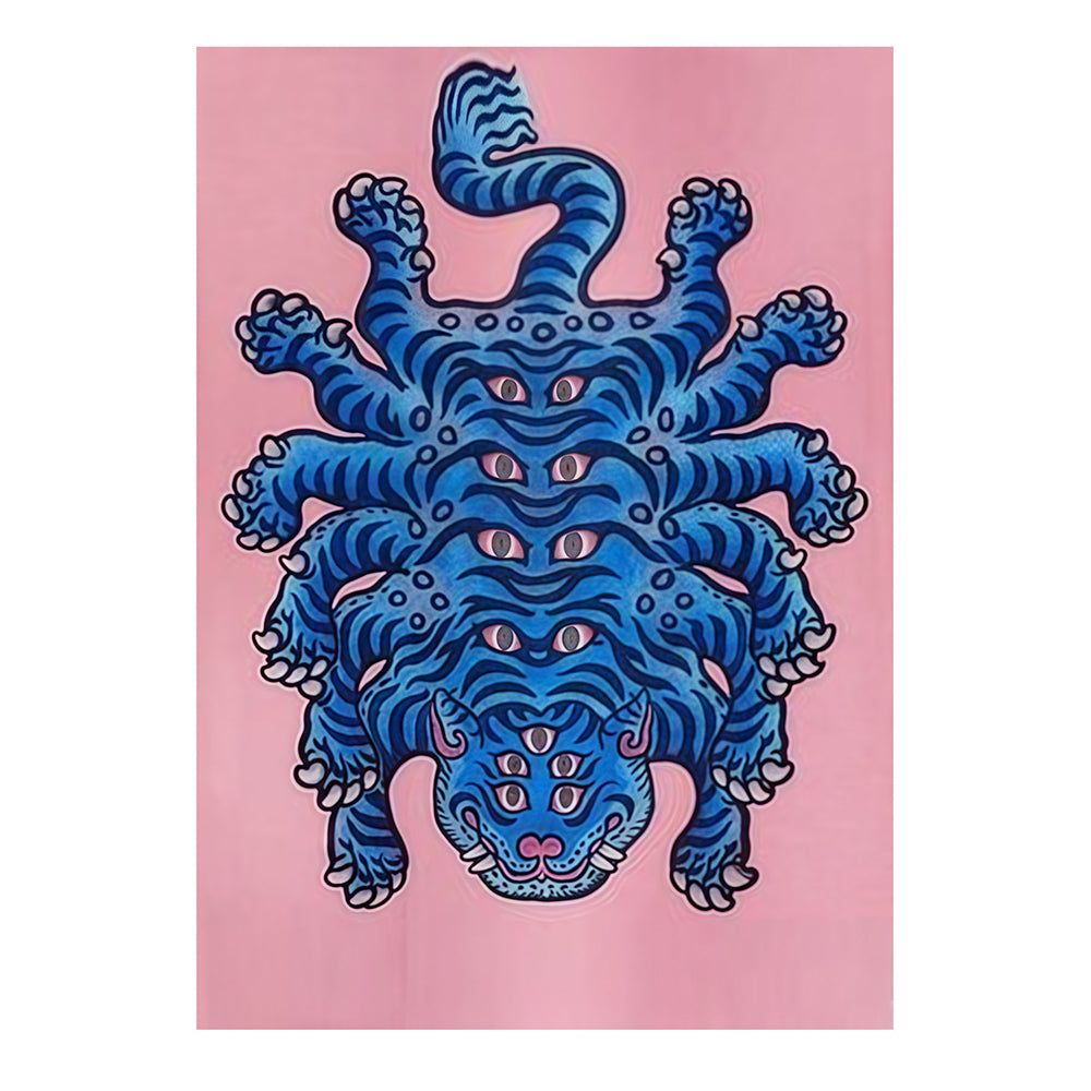 Psychedelic Multi-Eyed Blue Tiger Tattoo Style Throw Blanket