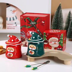 Santa Claus mug gift set - Includes a Christmas hat lid and tree-shaped spoon, with a gift box with a bag (3-piece set)