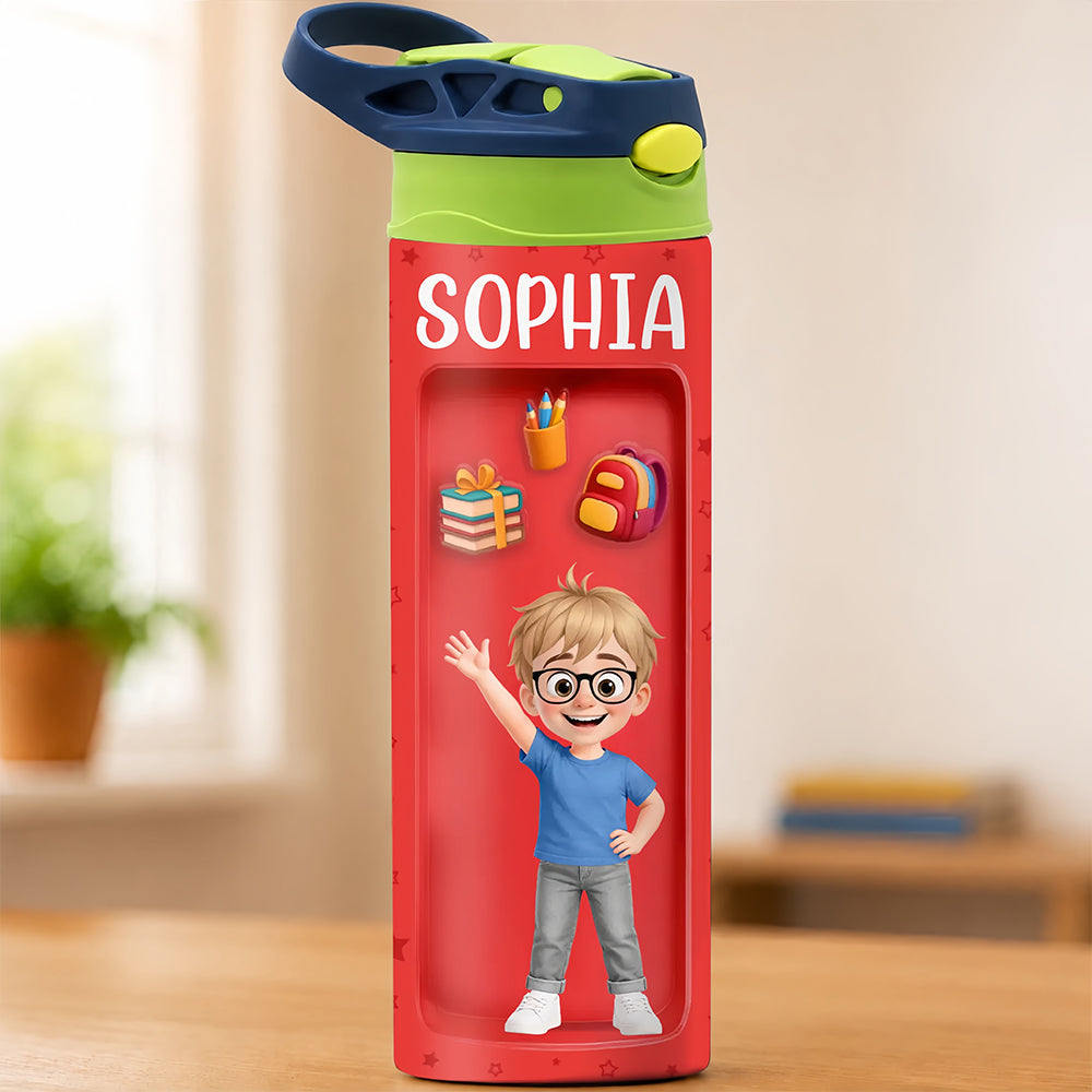 Customized student insulated water bottle 20 oz - An individualized school gift for children - School bag, textbooks, pencils printed on it