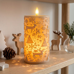 Christmas Embossed LED Flameless Candle, Flickering Realistic Flame, Snowflake Reindeer Tree Pattern, Battery Operated Pillar Candle for Xmas Home Table Decor, Holiday Gift