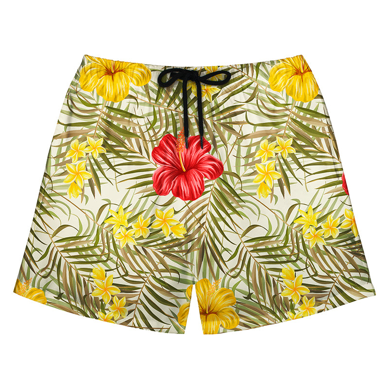 Cream Background Hibiscus & Plumeria Print Beach Shorts