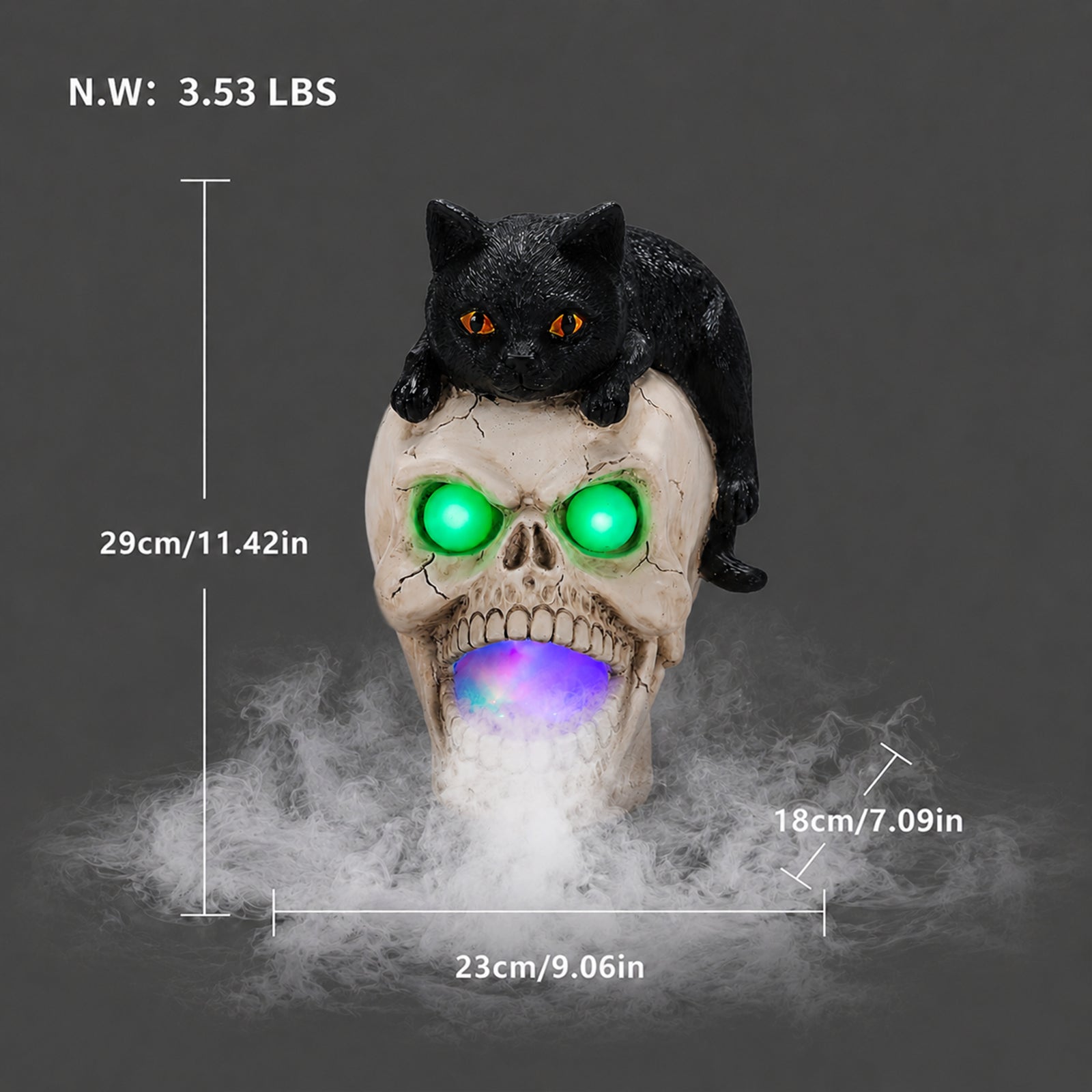 Size diagram of the black cat skull decoration with its height, width and depth measured in inches and its weight in pounds