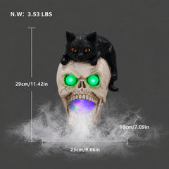 Size diagram of the black cat skull decoration with its height, width and depth measured in inches and its weight in pounds