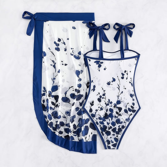 Watercolor Indigo Floral Print Bow Strap Swimsuit with Wrap Skirt