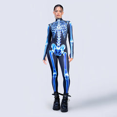 Glow-in-the-dark skeleton bodysuit, Halloween UV fluorescent skeleton cosplay outfit, stretchy long-sleeve leotard, electronic music party costume