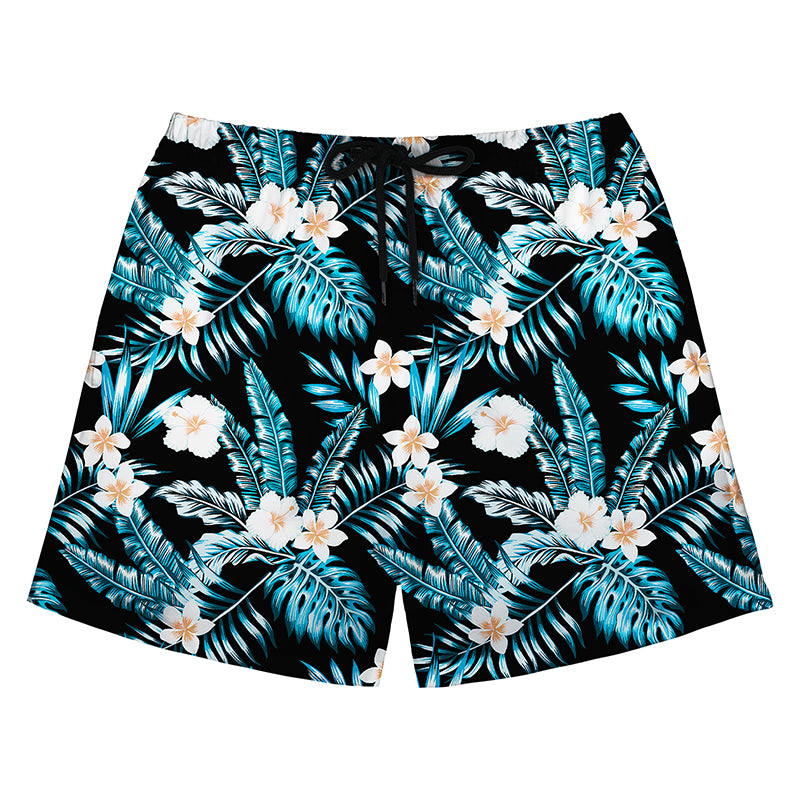 Black Hawaiian Swim Trunks with Blue Leaves & White Plumeria Print