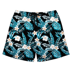 Black Hawaiian Swim Trunks with Blue Leaves & White Plumeria Print