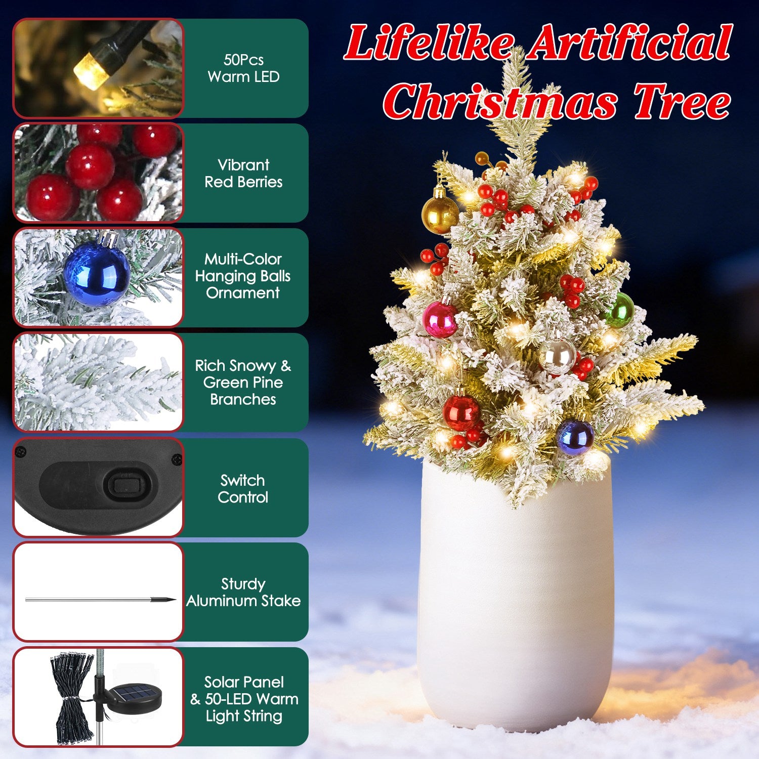 2Pcs Solar Powered Lighted Christmas Tree Urn Filler With Light Artificial Xmas Trees Light with Berries Decor Balls LED Pathway Pine Tree IP44 Waterp