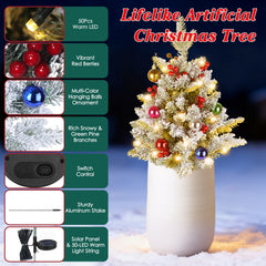 2Pcs Solar Powered Lighted Christmas Tree Urn Filler With Light Artificial Xmas Trees Light with Berries Decor Balls LED Pathway Pine Tree IP44 Waterp