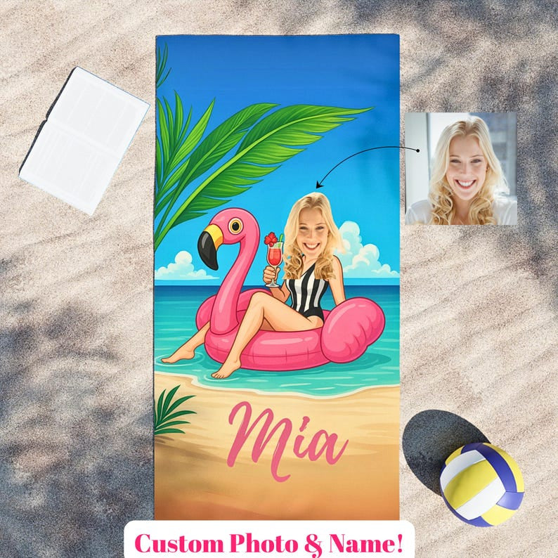 Custom Face Flamingo Beach Towel, Personalized Bachelorette Gift,