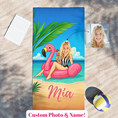 Custom Face Flamingo Beach Towel, Personalized Bachelorette Gift,