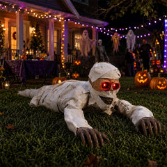 Halloween crawling mummy, an interactive prop with red glowing eyes and terrifying sounds, suitable for outdoor courtyard haunted house decoration