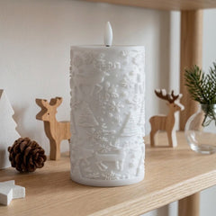 Christmas Embossed LED Flameless Candle, Flickering Realistic Flame, Snowflake Reindeer Tree Pattern, Battery Operated Pillar Candle for Xmas Home Table Decor, Holiday Gift
