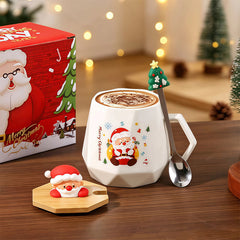 Christmas Mug Gift Set with Warmer - Santa Ceramic Coffee Mug, Wooden Lid & Tree Spoon, Holiday Keepsake Gift Box (4-Piece)