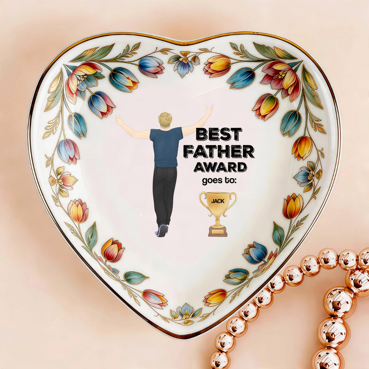 Custom  Photo Ceramic Trinket Tray with Colorful Tulip Floral Border-Best father award