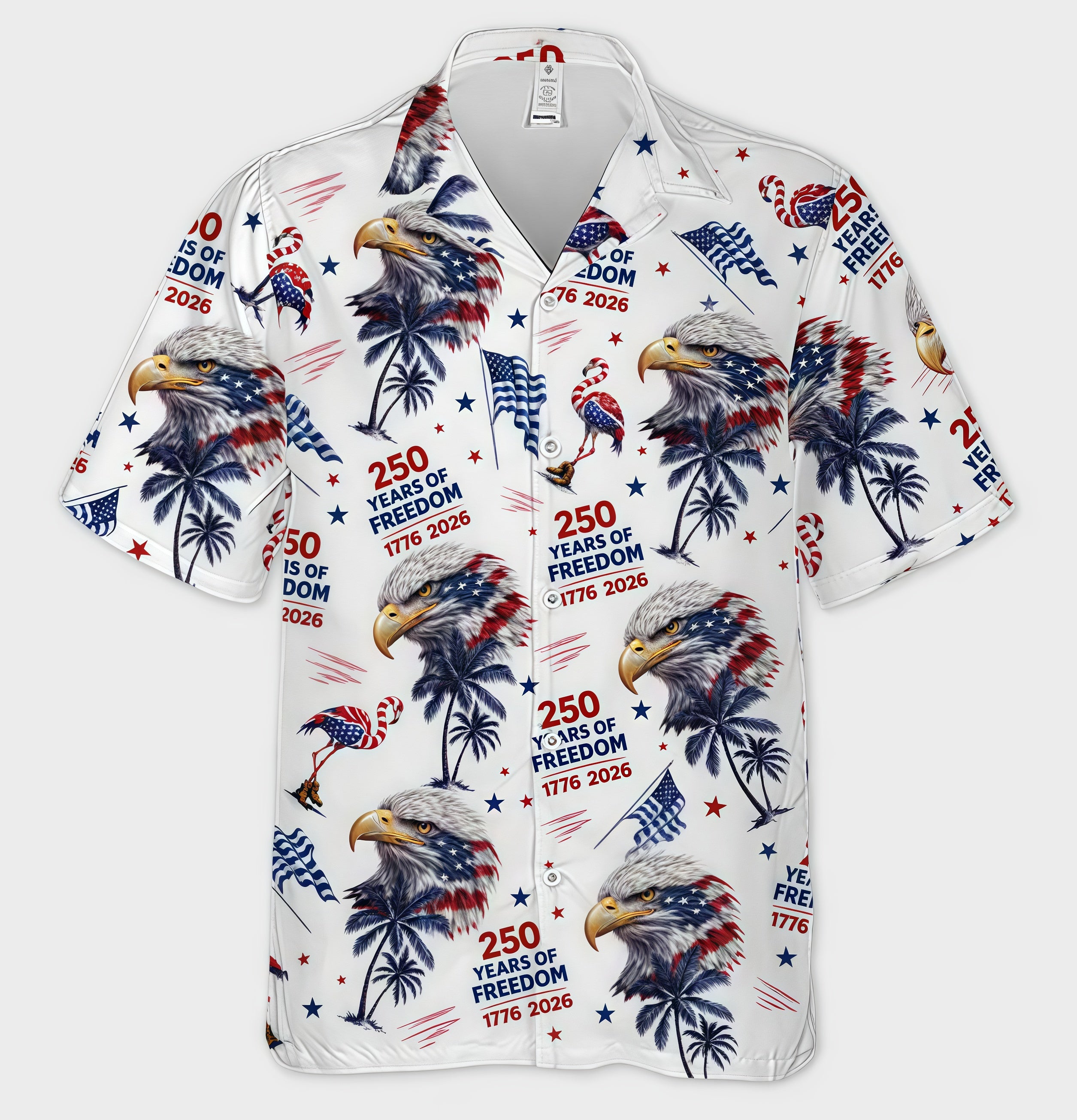 1776‑2026 250 Years of Freedom Eagle Flamingo Palm Tree Aloha Shirt