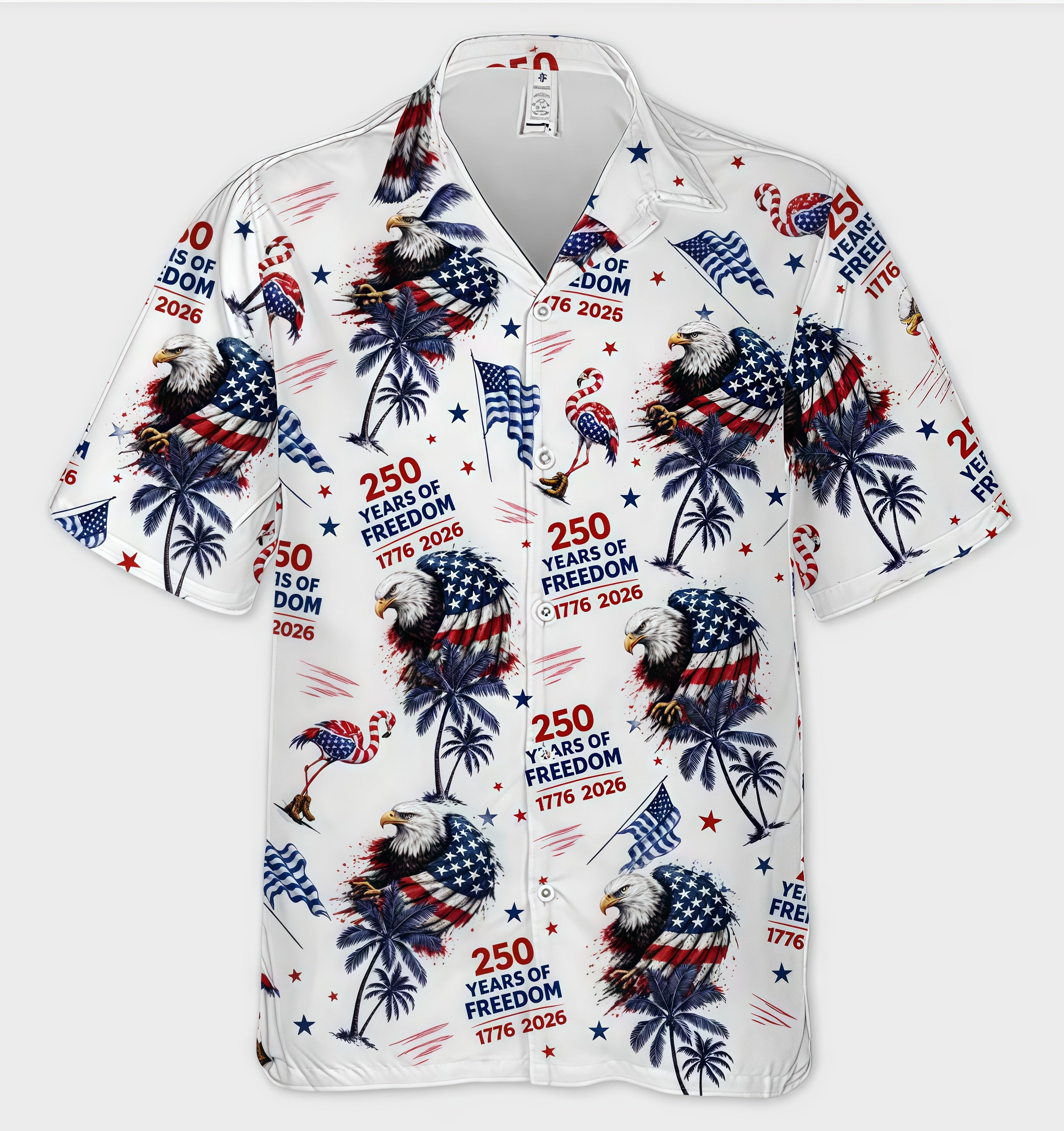 1776‑2026 250 Years of Freedom Eagle Flamingo Palm Tree Aloha Shirt