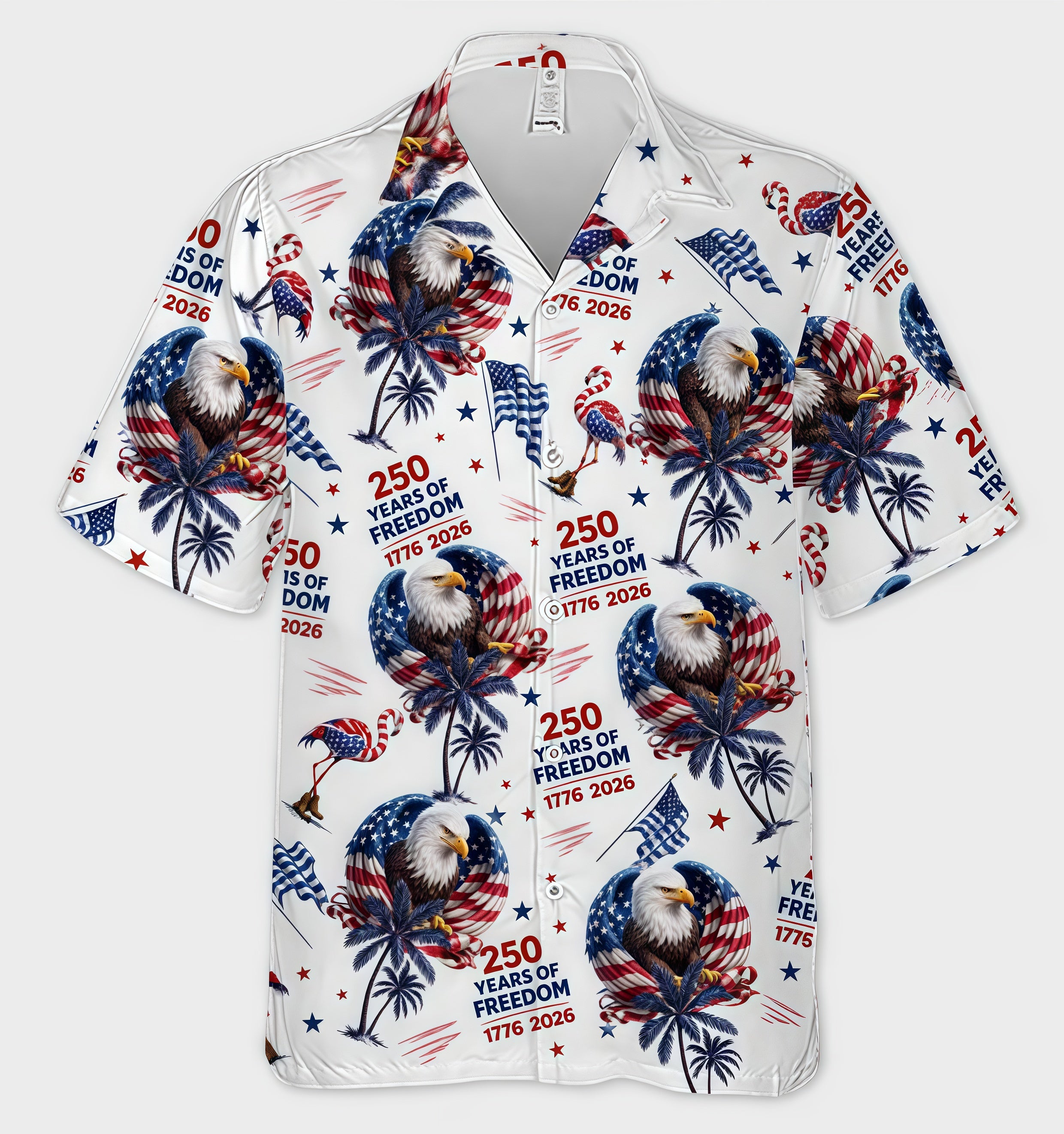 1776‑2026 250 Years of Freedom Eagle Flamingo Palm Tree Aloha Shirt