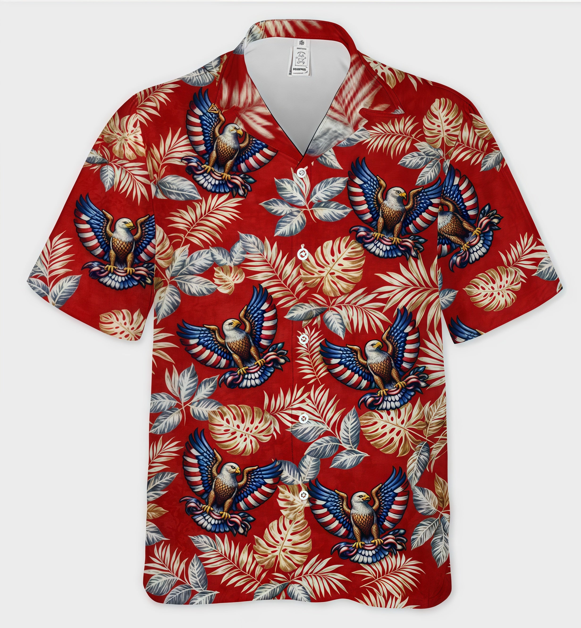 Red Background Bald Eagle Tropical Leaf Patriotic Hawaiian Shirt