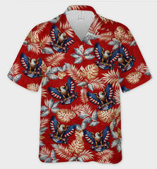 Red Background Bald Eagle Tropical Leaf Patriotic Hawaiian Shirt