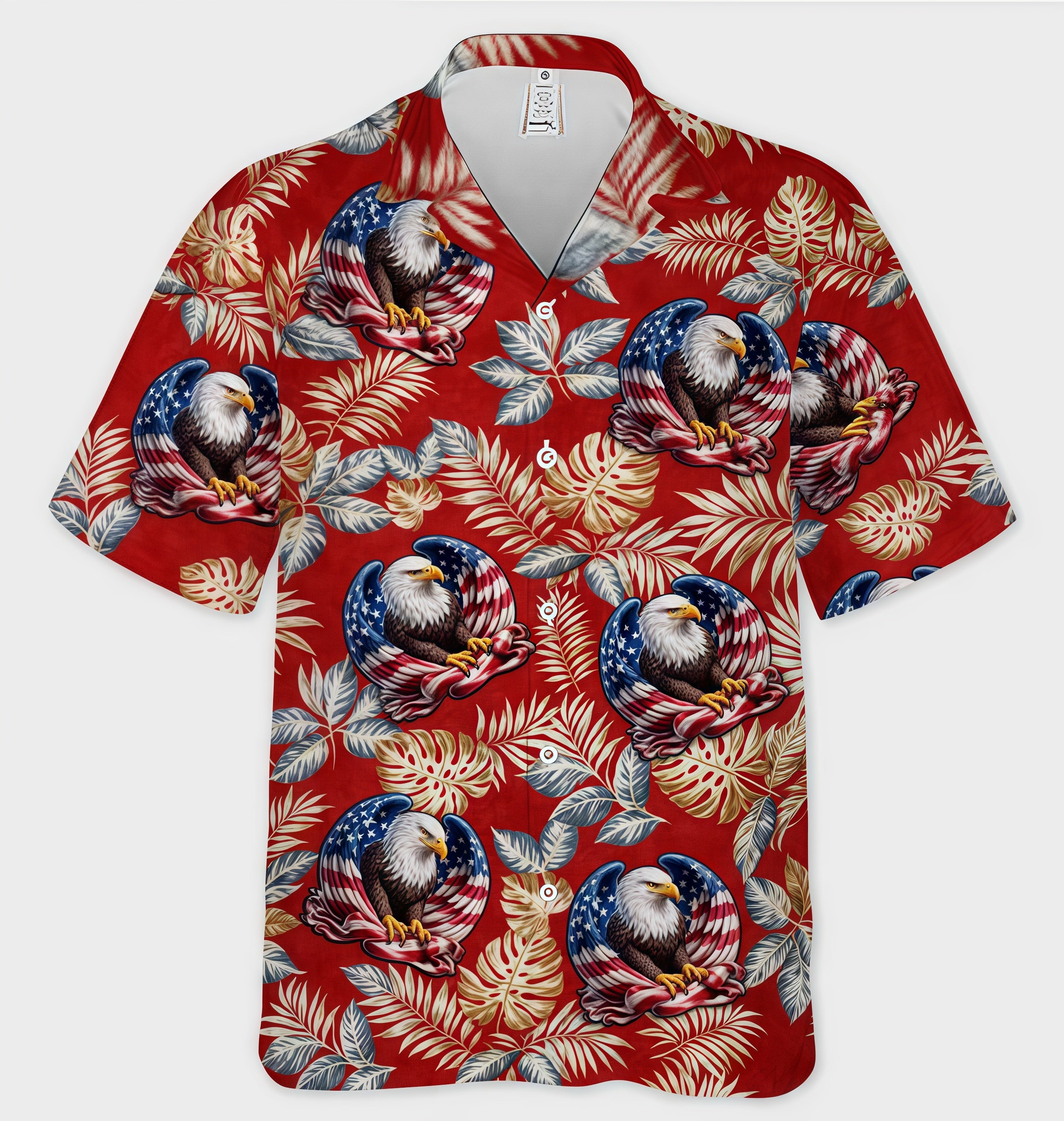 Red Background Bald Eagle Tropical Leaf Patriotic Hawaiian Shirt