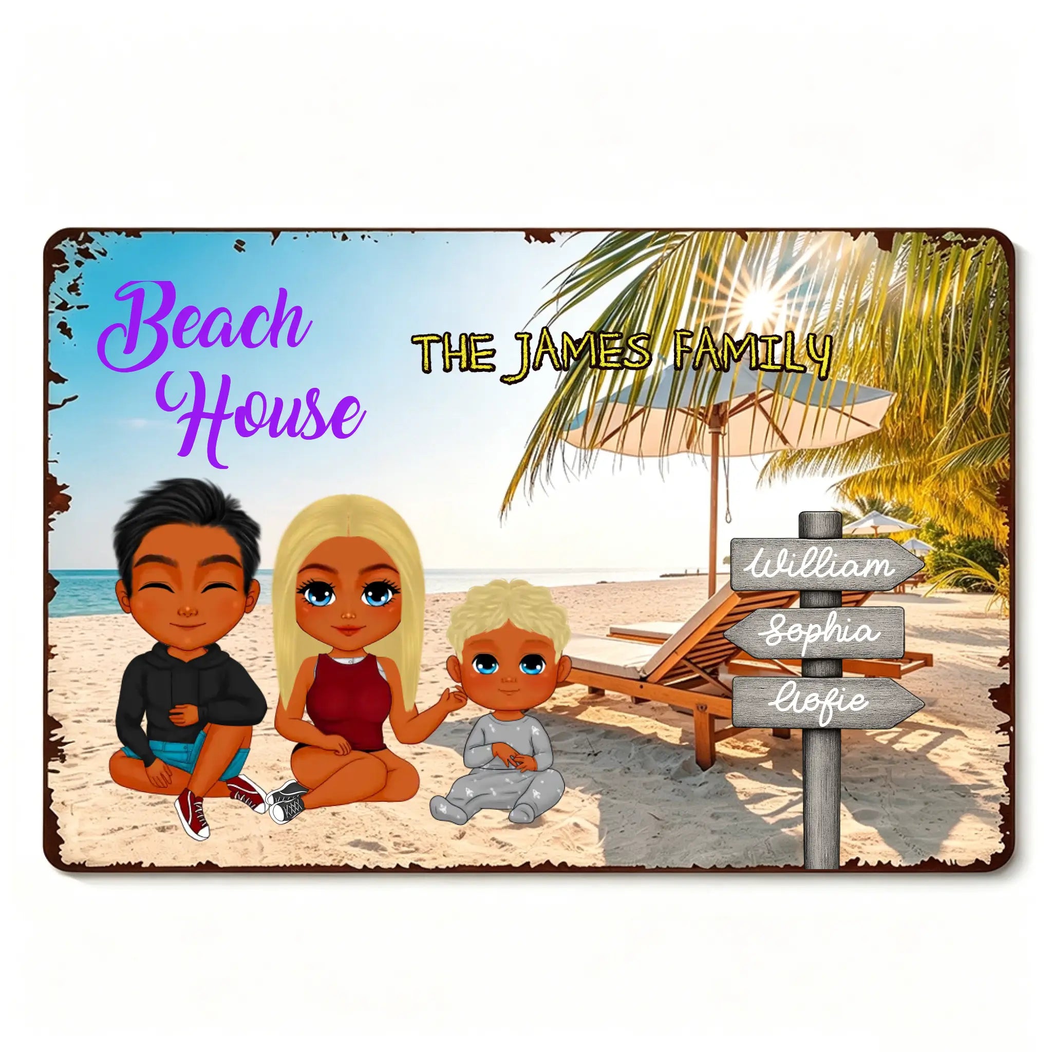 Tropical Sunny Beach Custom Family Name Iron Plaque Custom Cartoon Family Tin Decor